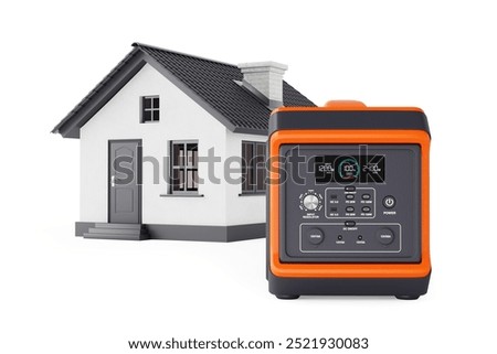High Capacity Portable Power Generator Station near White Family House Cottage on a white background. 3d Rendering 