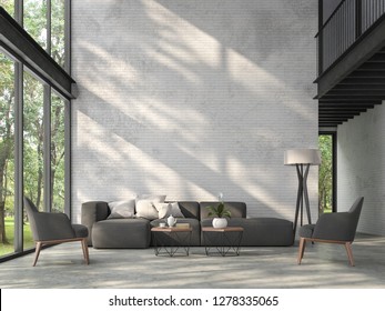 High ceiling loft living room 3d render.There are white brick wall,polished concrete floor and black steel structure,There are large windows look out to see the nature,sunlight shining into the room.