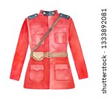 High collared scarlet tunic with brown Sam Browne belt, leather pouch for carrying handcuffs, gold buttons, black epaulets. One single object, front view. Handdrawn watercolour graphic illustration.