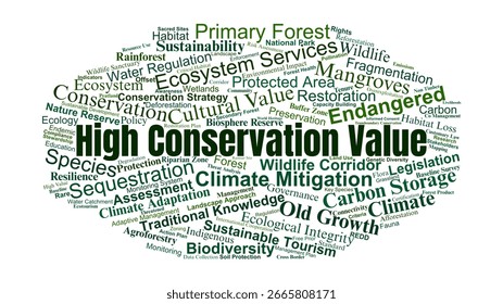 High Conservation Value Forests (HCVF) Word Cloud. Composition Of Words Related To Biodiversity Conservation, Ecosystem Protection, Climate Action, And Sustainable Resource Management.