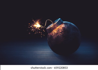 high contrast image of a round bomb with lit fuse on a dark background. /3D illustration Ilustración de stock