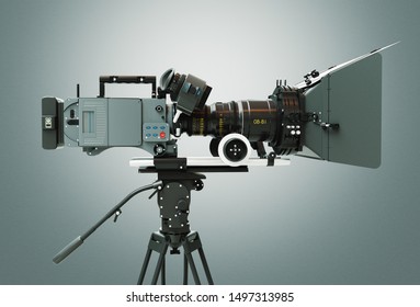 High definition cinema camera. Grey background. 3d rendering