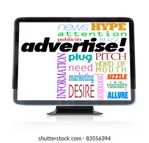 A High Definition Television With The Word Advertise And Many Other Words Associated With Advertising Such As Word Of Mouth, Attention, Visibility, Buzz, Hype And More