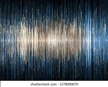 High density blue and light orange colored sound waves, on black background. 3d illustration