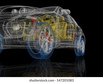 High Detailed 3d Car Model. Multicolor Car Parts