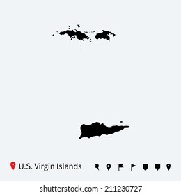 High Detailed Map Of U.S. Virgin Islands With Navigation Pins.