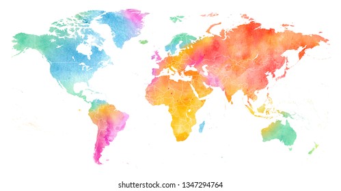 High detailed Multicolor Watercolor World Map Illustration with borders on white Background, Side View.