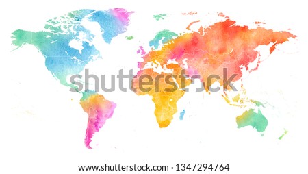 High detailed Multicolor Watercolor World Map Illustration with borders on white Background, Side View.