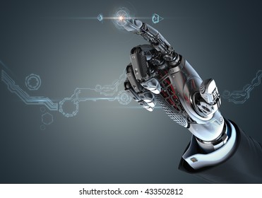 High Detailed Robotic Hand In Business Suit Touching Virtual Point With Index Finger. Bionic Technology In Digital World. 3d Rendered Image