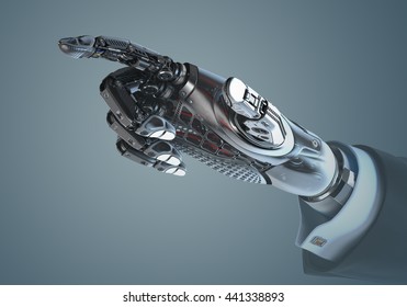 High detailed robotic hand in business suit touching virtual point with index finger. Bionic technology in digital world. 3d rendered image