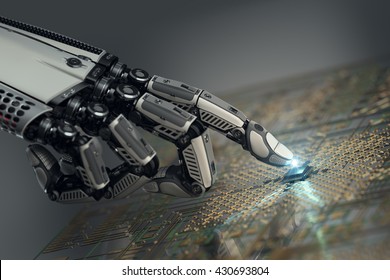 High detailed robotic hand touching digital circuit board with index finger. Bionic technology in virtual world. 3d rendered image
