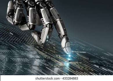 High detailed robotic hand touching digital circuit board with index finger. Bionic technology in virtual world. 3d rendered image