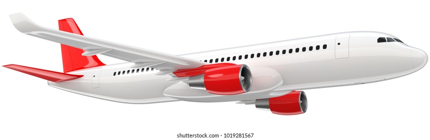 High Detailed White Airliner With A Red Tail Wing, 3d Render On A White Background. Airplane Take Off, Isolated 3d Illustration. Airline Concept Travel Passenger Plane. Jet Commercial Airplane.