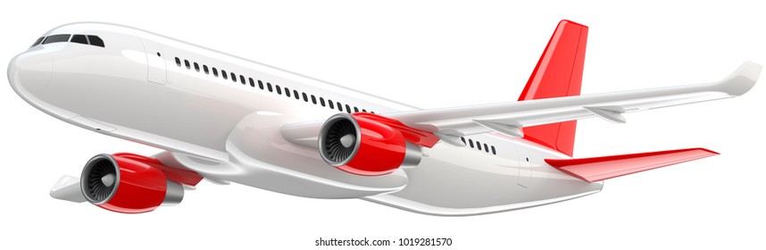 High detailed white airliner with a red tail wing, 3d render on a white background. Airplane Take Off, isolated 3d illustration. Airline Concept Travel Passenger plane. Jet commercial airplane.