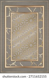 High end digital rendering of a rectangular carpet.rug showcasing an intricate gold, repeating Islamic geometric star pattern at its center. The design is bordered by a solid charcoal grey and gold