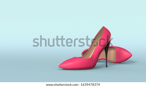 High heel stiletto shoes\
in pink colour against light blue background. This is a 3D render\
of stilettos