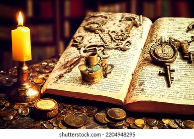 High Impact Drawing Of An Open And Ancient Book With Many Treasures In An Antique Bookstore Or Library, Illustration 3D