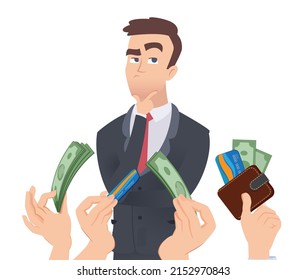 High qualification employee. Manager thinking, hands with money. Employer offers salary concept