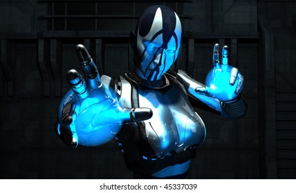High Quality 3d Illustration Of Advanced Cyborg Character Hold Energy Charges, This Character Is A Perfect Avatar For Technology, Sci-fi And Gaming