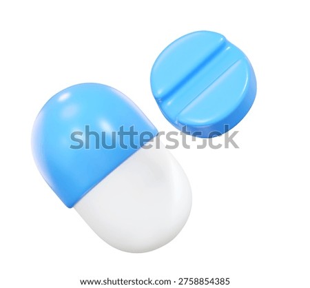 High quality 3d render of blue and white medicine capsule with round pill for medical treatment pharmacy healthcare pharmaceutical industry and drug supplement concept