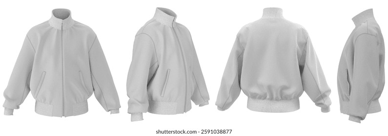 High quality 3D render bomber jacket mockup with front back side and 34 views featuring a zipper closure and stand collar ideal for sportswear casual wear and branding