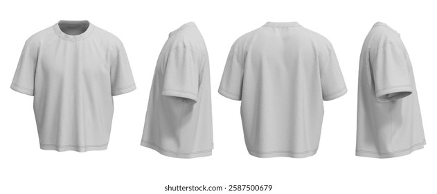 High quality 3D render of a gray oversized t-shirt mockup. Includes front, side, and back views for professional presentations. 3D Illustration
