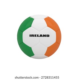 A high quality 3D render of a green, white, and orange soccer ball with Ireland text label