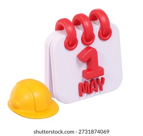 High quality 3D render of a May 1st calendar and yellow hard hat for International Workers Day concept isolated on transparent background for graphic design