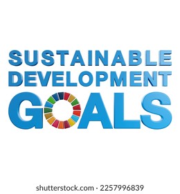 High quality 3D render of Sustainable Development Goals text in blue with SDG color wheel - Shutterstock ID 2257996839