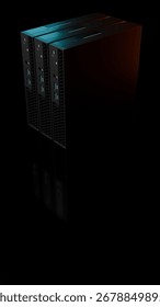 High quality 3D render of three modern ISP server towers with metallic design and glowing blue light. The technology devices are isolated on black background for IT and data concepts.
