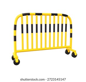 High quality 3D render of a yellow traffic barrier with wheels. Cute cartoon style road block fence for construction safety and warning design isolated on transparent background.