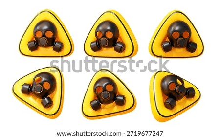 High quality 3d render of yellow gas mask warning sign set. Cute cartoon plastic texture respirator and toxic air pollution danger icon collection isolated on transparent background.