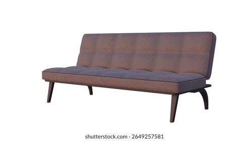 High quality 3D rendering of a contemporary brown leathe sofa with a clean, minimalist design. The sofa features a lightly tufted seat and backrest with soft, slightly worn textures.