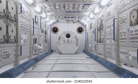 High Quality 8k SciFi Spaceship Corridor,3D Rendering , Shuttle Interior Based On The Real Space Station.window To Earth View