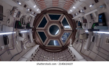 High quality 8k SciFi Spaceship Corridor 3d rendering, shuttle interior based on the cupola space station ISS International space station.window to earth view , 3d rendering
