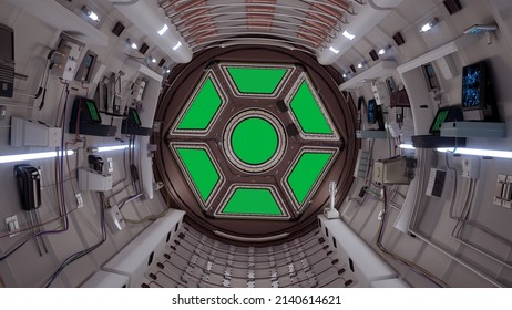High Quality 8k SciFi Spaceship Corridor 3d Rendering, Shuttle Interior Based On The Cupola Space Station ISS International Space Station.window To Earth View , 3d Rendering