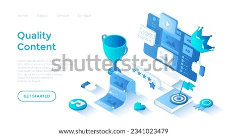 High Quality Content. Content marketing and optimization. Adding photos, videos, posts to the website, blog, social network. Isometric illustration. Landing page template for web on white background.