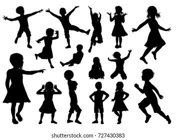 A high quality detailed set of kids or children in silhouette playing and having fun