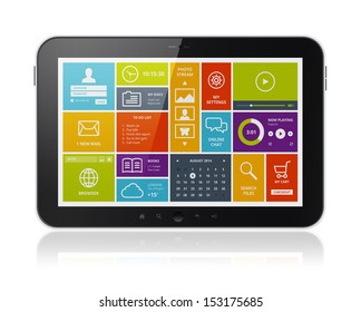 High Quality Illustration Of Digital Tablet Computer With Stylish Modern Colorful User Interface On A Screen. Isolated On White Background.