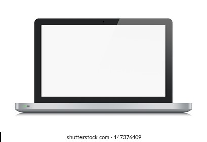 High quality illustration of modern metallic laptop with blank screen. Front view. Isolated on white background.