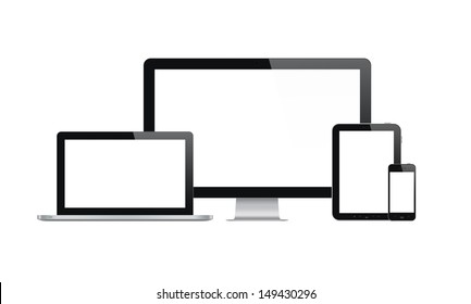 High quality illustration set of modern computer monitor, laptop, digital tablet and mobile phone with blank screen. Isolated on white background. 