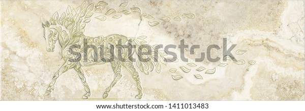 High quality porcelain or Marble panel tile with carved foliage horse for wall or ground decoration, 3d illustration for a long hallway or corridor. 