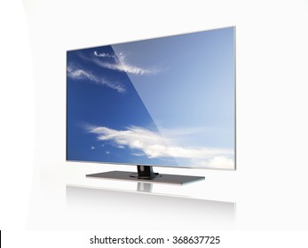 High Quality Render Of A Flatscreen LED TV , LCD Full Hd Or 4K Smart  Television With Sky Screensaver. It Is Isolated On White Background. Clipping Path Is Included.