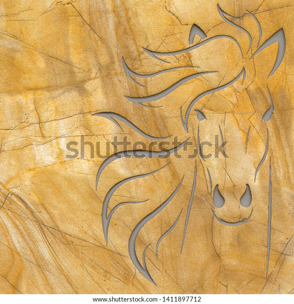 High quality rock panel tile with beautiful carved horse face for wall decoration, 3d illustration. - Illustration 