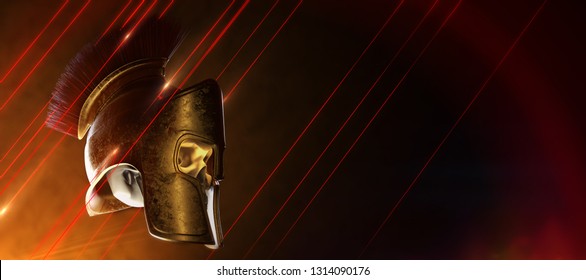 high quality spartan helmet with skull inside, Greek roman warrior Gladiator, legionnaire heroic soldier, sports fan epic background 3d render.