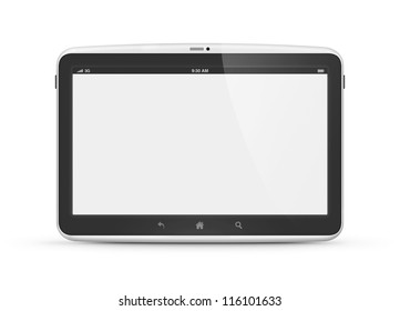 High Quality And Very Detailed Realistic Illustration Of Modern Digital Android Tablet Computer With Blank Screen Isolated On White.