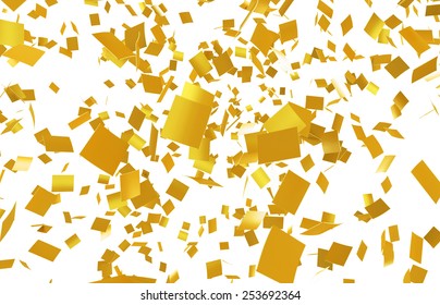 High Quantity Of Gold Confetti Falling On A White Background. Slight Motion Blur. No Depth.