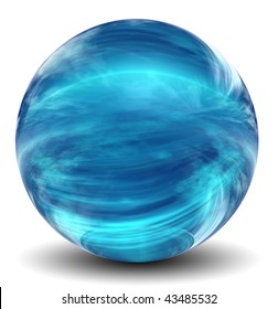 High resolution 3D blue glass sphere with shadow isolated on white, reflecting a sky with clouds