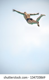 High Resolution 3D Render Of An Diver Above The Pool With Free Space.