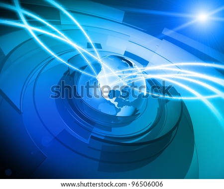 High resolution 3D render of Earth globe with abstract shapes rotating around, communication links streaming out from various places in the USA, lens flare in the background.